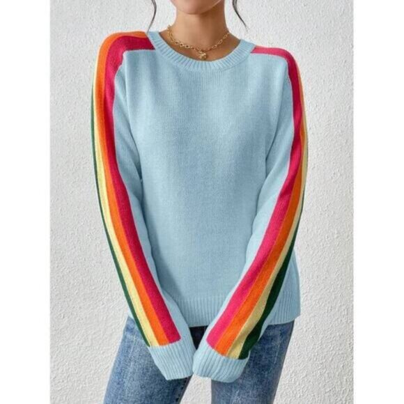 Women's Colorful Rainbow Striped Casual Crewneck Sweater Long-SleeveTops - Picture 3 of 6